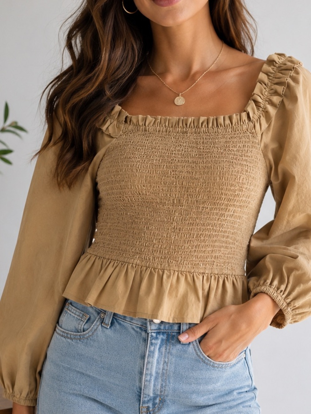 The Drop 100% Cotton Smocked Peplum Top Puff Sleeve Cottagecore Beige Blouse